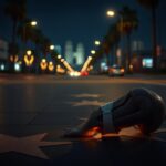 Flick International Detailed close-up of a frail, disintegrating knee joint illuminated by streetlights on the Hollywood Walk of Fame
