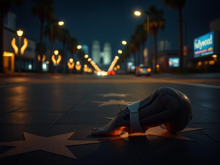 Flick International Detailed close-up of a frail, disintegrating knee joint illuminated by streetlights on the Hollywood Walk of Fame