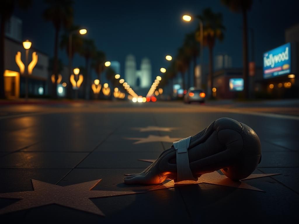 Flick International Detailed close-up of a frail, disintegrating knee joint illuminated by streetlights on the Hollywood Walk of Fame