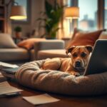 Flick International Cozy living room with an anxious dog on a plush bed and a scattered laptop indicating owner stress