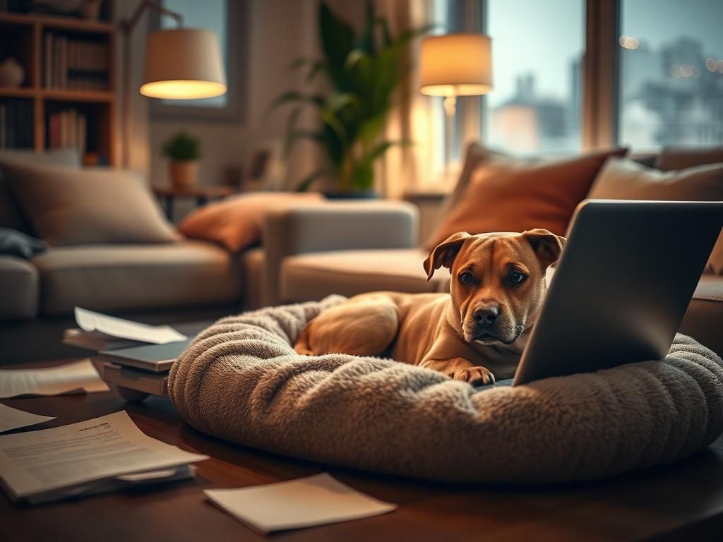 Flick International Cozy living room with an anxious dog on a plush bed and a scattered laptop indicating owner stress