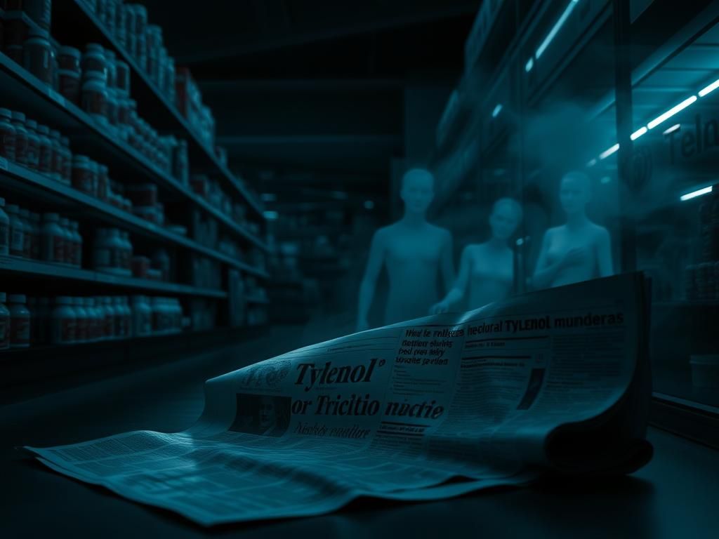 Flick International A dimly lit pharmacy aisle showcasing a shelf of Tylenol products with an eerie atmosphere