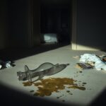 Flick International dimly lit room showcasing chaos with shattered vase and spilled baby oil
