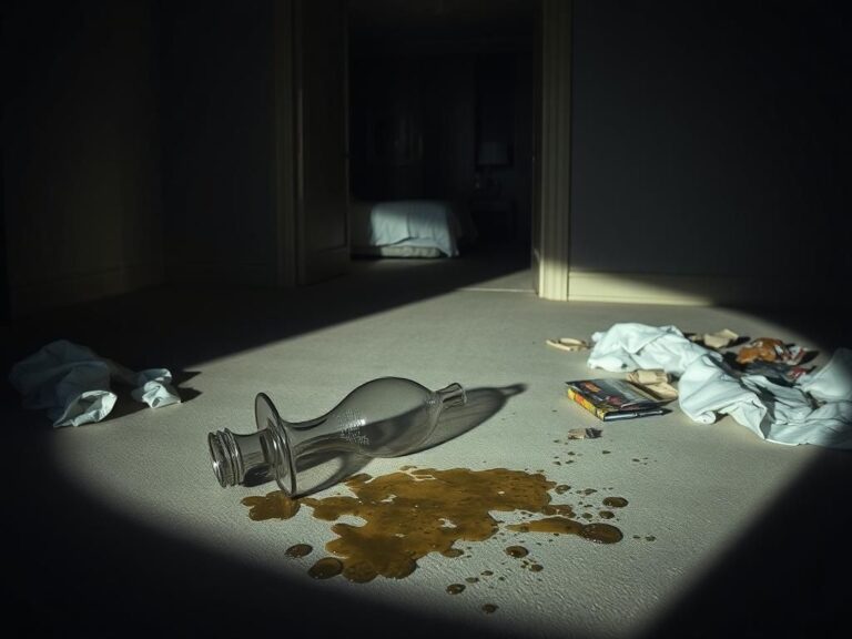 Flick International dimly lit room showcasing chaos with shattered vase and spilled baby oil
