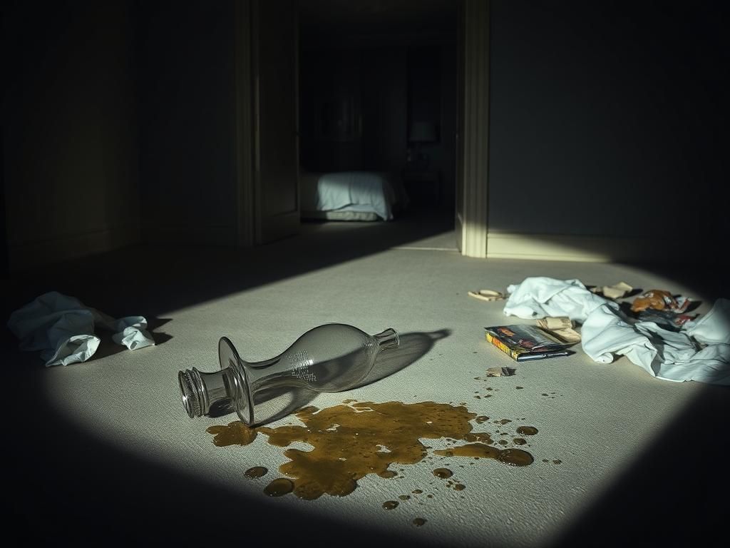 Flick International dimly lit room showcasing chaos with shattered vase and spilled baby oil
