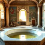 Flick International Interior of an ancient Roman bathhouse transformed into a Christian church with a marble baptistery