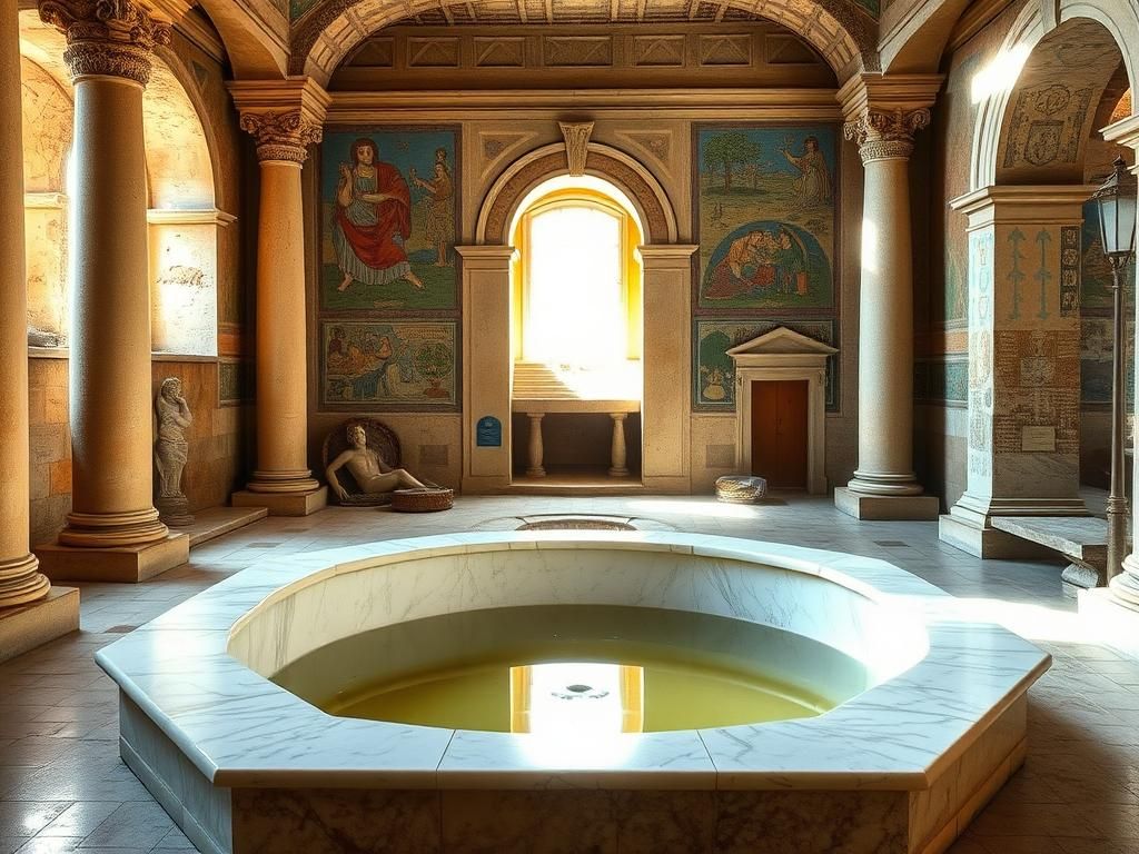 Flick International Interior of an ancient Roman bathhouse transformed into a Christian church with a marble baptistery