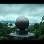 Flick International Isolated metallic sphere resting on an ancient stone pedestal in a lush Colombian landscape