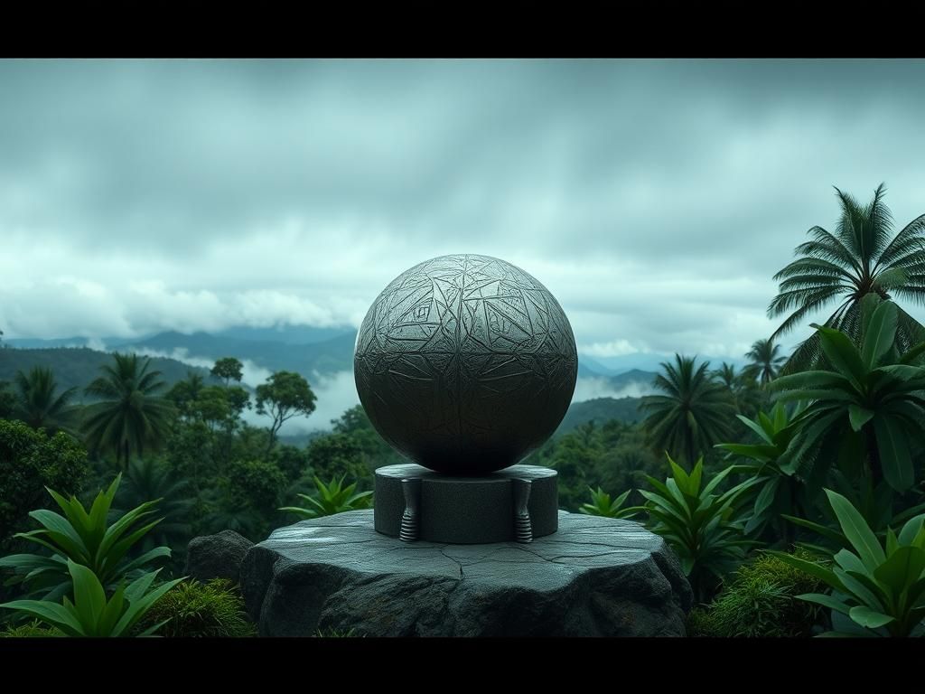 Flick International Isolated metallic sphere resting on an ancient stone pedestal in a lush Colombian landscape
