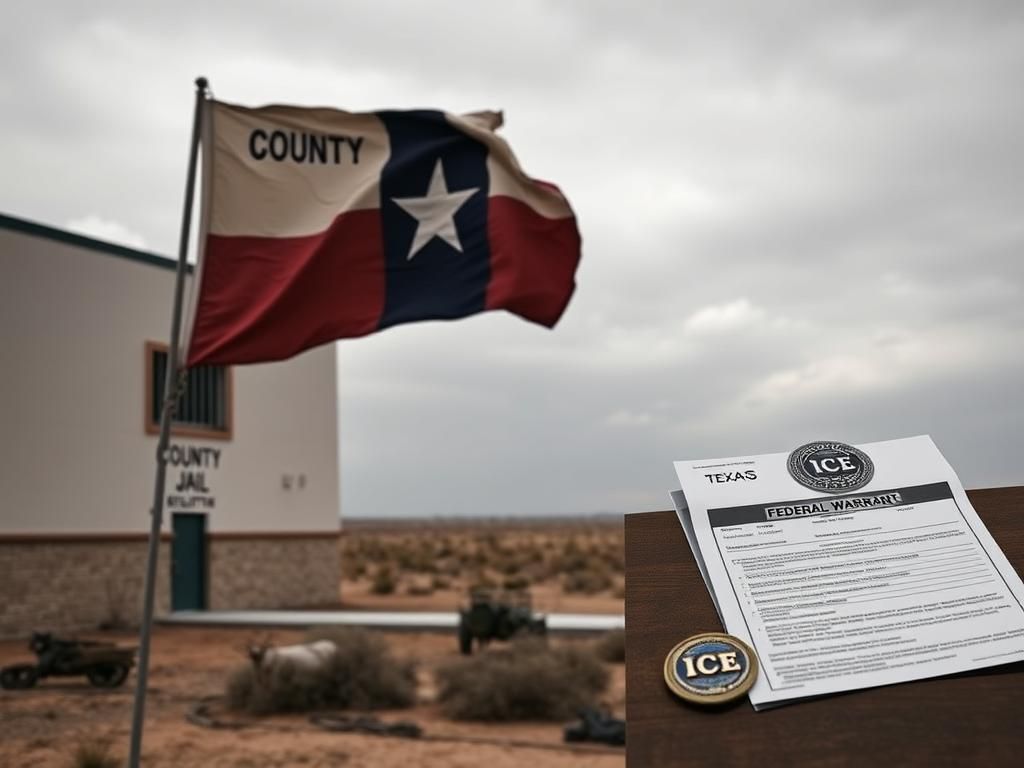 Flick International Exterior view of a Texas county jail with barred windows and a weathered Texas state flag