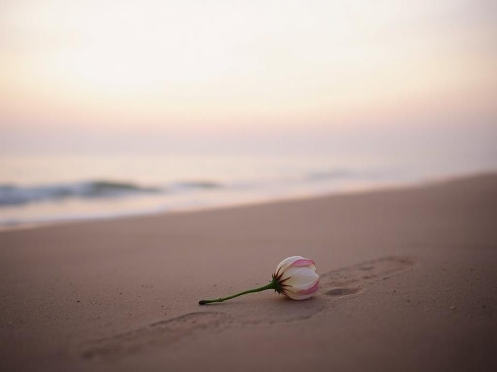 Flick International Tranquil beach at sunset with wilted flower symbolizing loss