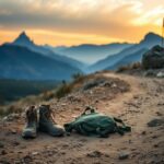 Flick International A pair of worn military boots and a weighted vest on a rustic path with mountains in the background, representing the 'Murph' workout tribute.