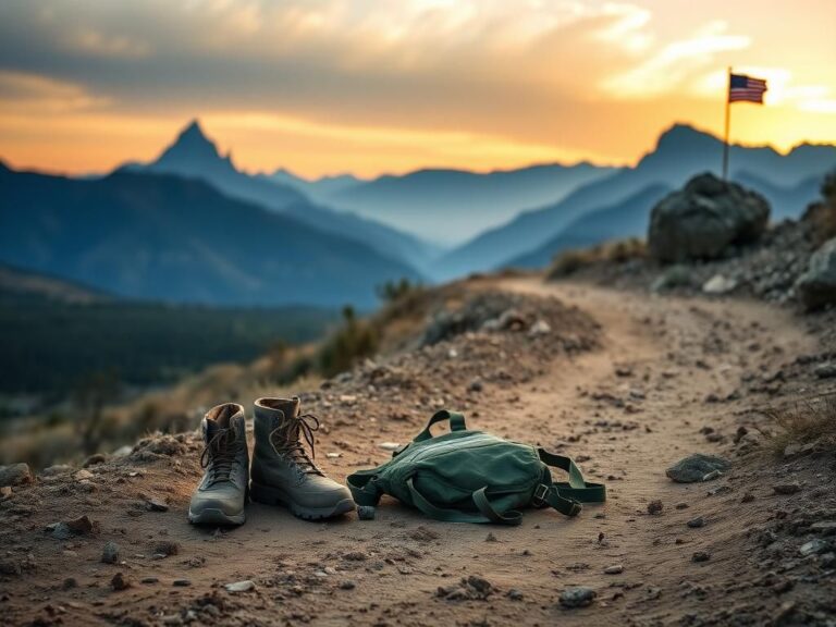 Flick International A pair of worn military boots and a weighted vest on a rustic path with mountains in the background, representing the 'Murph' workout tribute.