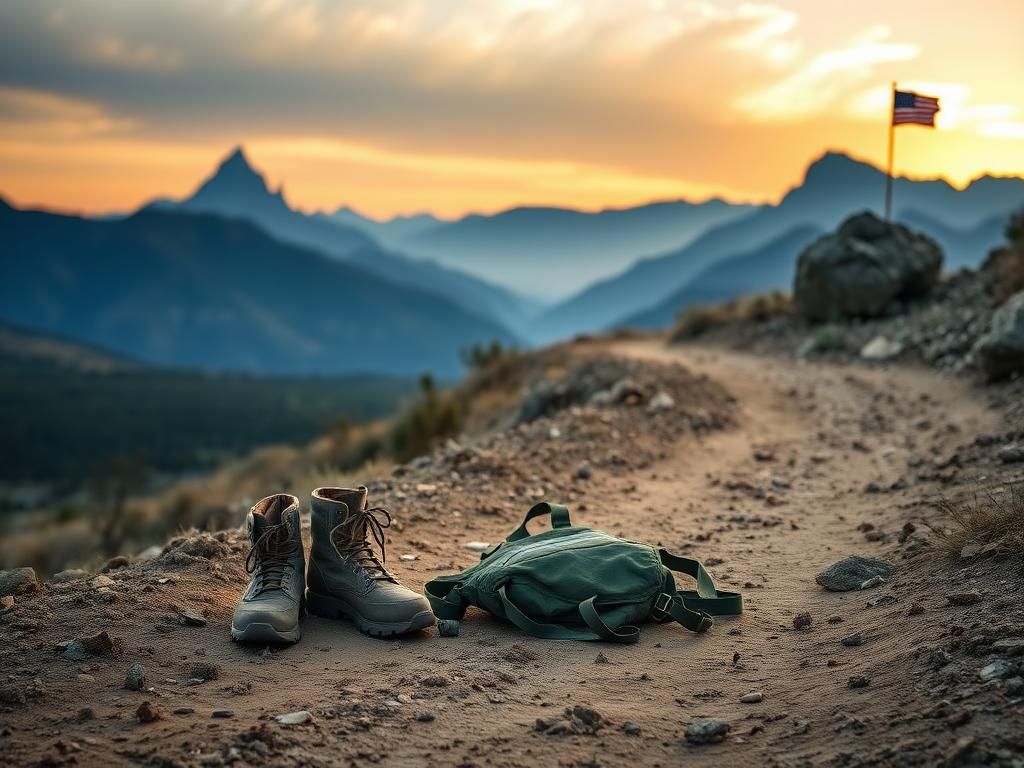 Flick International A pair of worn military boots and a weighted vest on a rustic path with mountains in the background, representing the 'Murph' workout tribute.