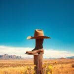 Flick International Scenic landscape of the American West with mountains, cowboy hat, and boots honoring veterans