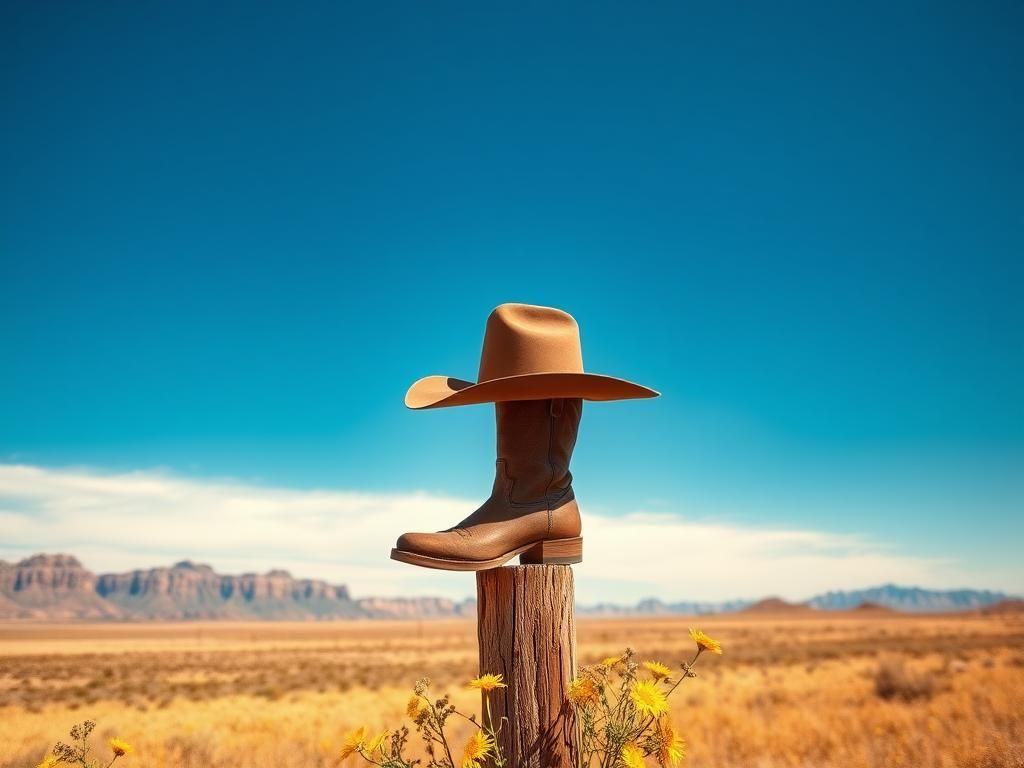 Flick International Scenic landscape of the American West with mountains, cowboy hat, and boots honoring veterans