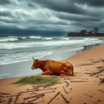 Flick International A cow on Old Bar Beach, partially buried in sand and surrounded by debris after heavy flooding in New South Wales