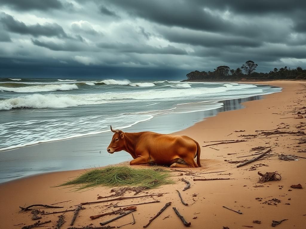 Flick International A cow on Old Bar Beach, partially buried in sand and surrounded by debris after heavy flooding in New South Wales