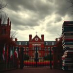 Flick International A dramatic view of Harvard University with a closed gate and international flags