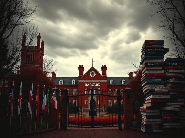 Flick International A dramatic view of Harvard University with a closed gate and international flags