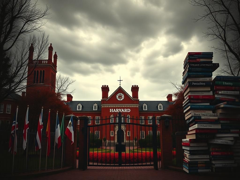 Flick International A dramatic view of Harvard University with a closed gate and international flags