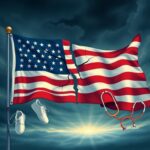 Flick International A large, cracked American flag surrounded by delicate baby shoes and healthcare symbols against a stormy sky