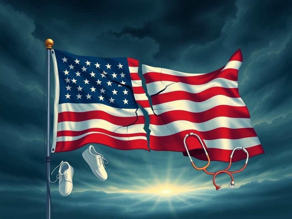 Flick International A large, cracked American flag surrounded by delicate baby shoes and healthcare symbols against a stormy sky