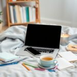 Flick International A serene setup featuring a laptop on a cozy blanket surrounded by journals and tea, symbolizing modern mental health practices.