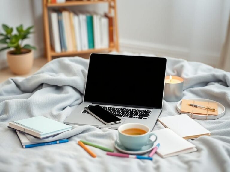Flick International A serene setup featuring a laptop on a cozy blanket surrounded by journals and tea, symbolizing modern mental health practices.