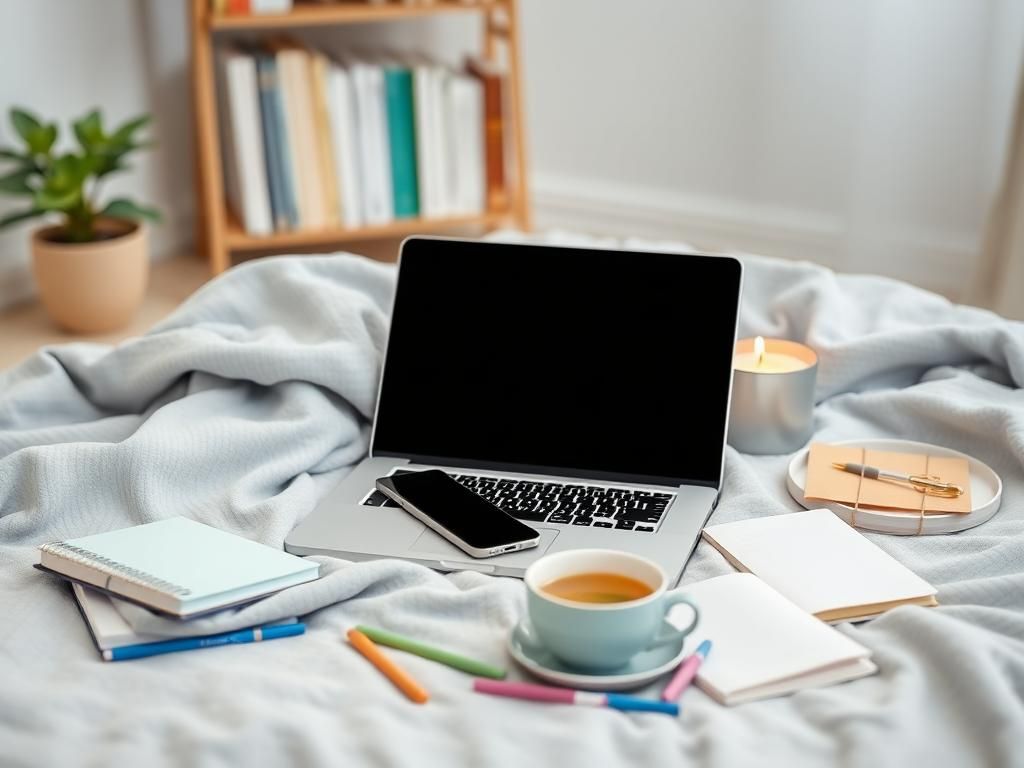 Flick International A serene setup featuring a laptop on a cozy blanket surrounded by journals and tea, symbolizing modern mental health practices.