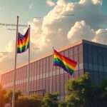 Flick International Serene workplace setting featuring a modern office building with a rainbow flag and integrated Bible verses.