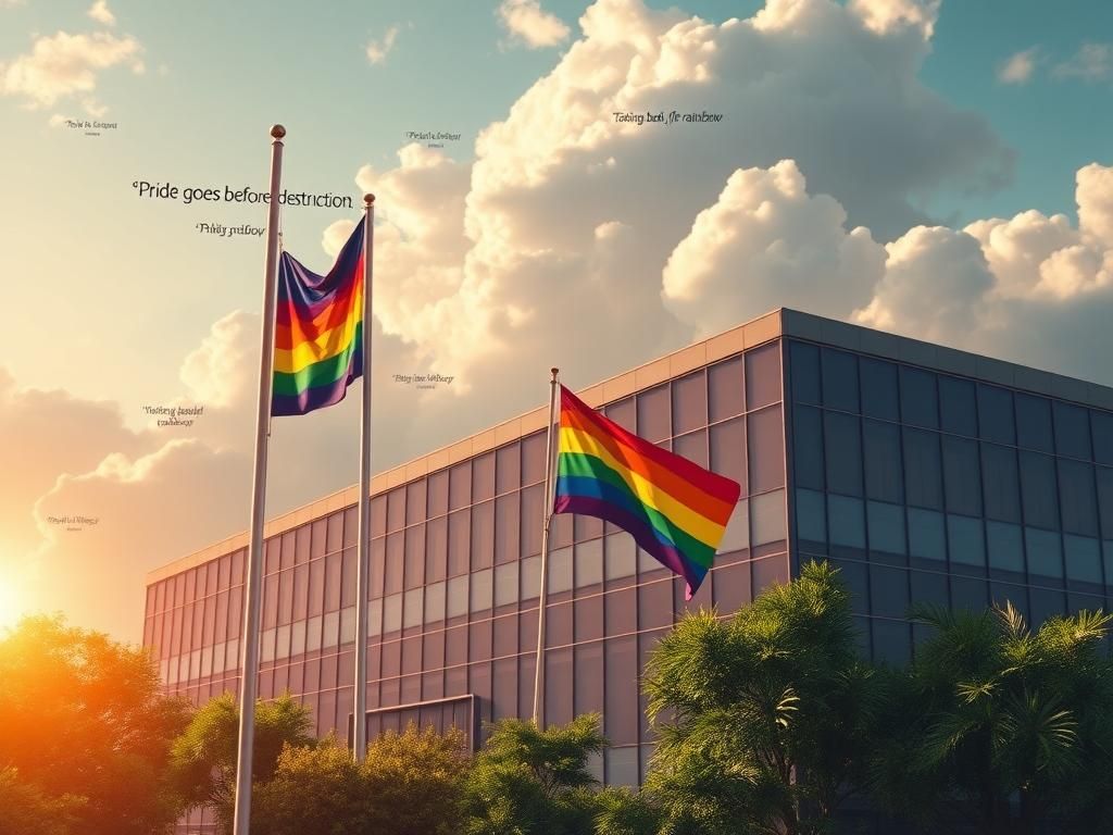 Flick International Serene workplace setting featuring a modern office building with a rainbow flag and integrated Bible verses.