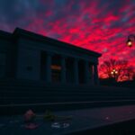 Flick International Exterior of the Capital Jewish Museum in Washington D.C. during twilight with a blood-red sky