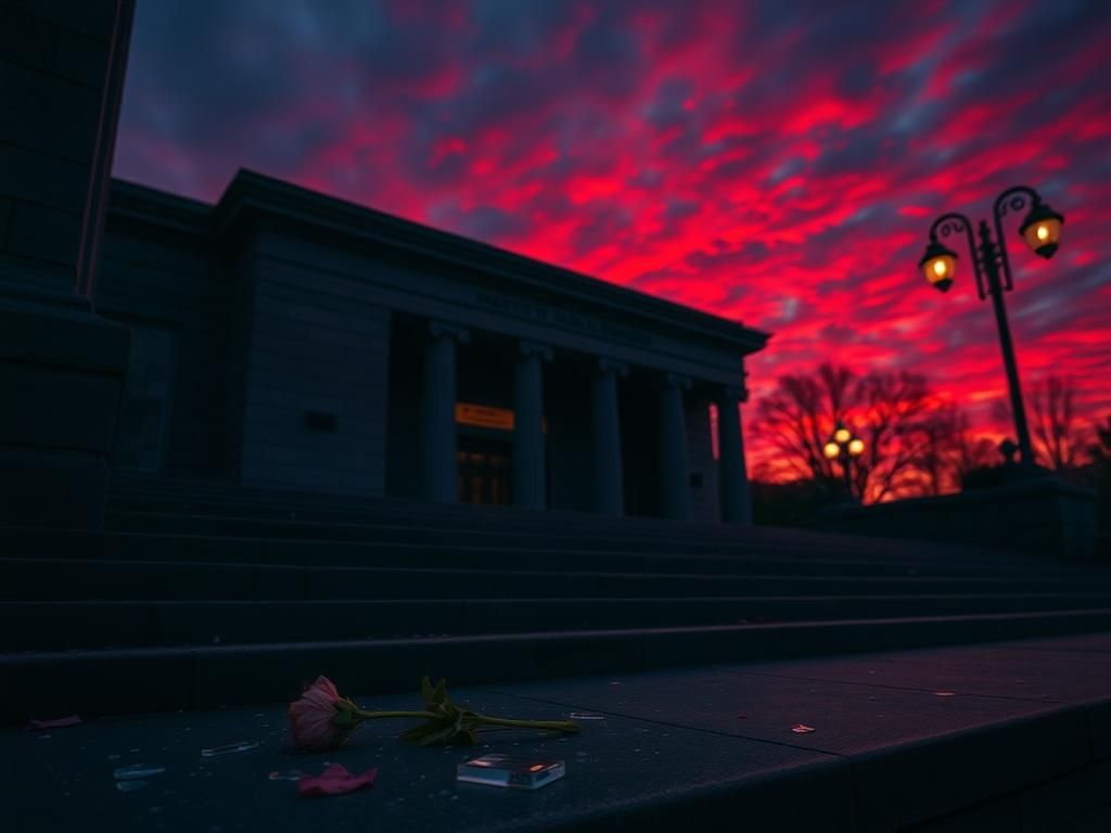 Flick International Exterior of the Capital Jewish Museum in Washington D.C. during twilight with a blood-red sky