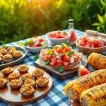 Flick International Vibrant summer side dishes laid out on a picnic table for a barbecue.