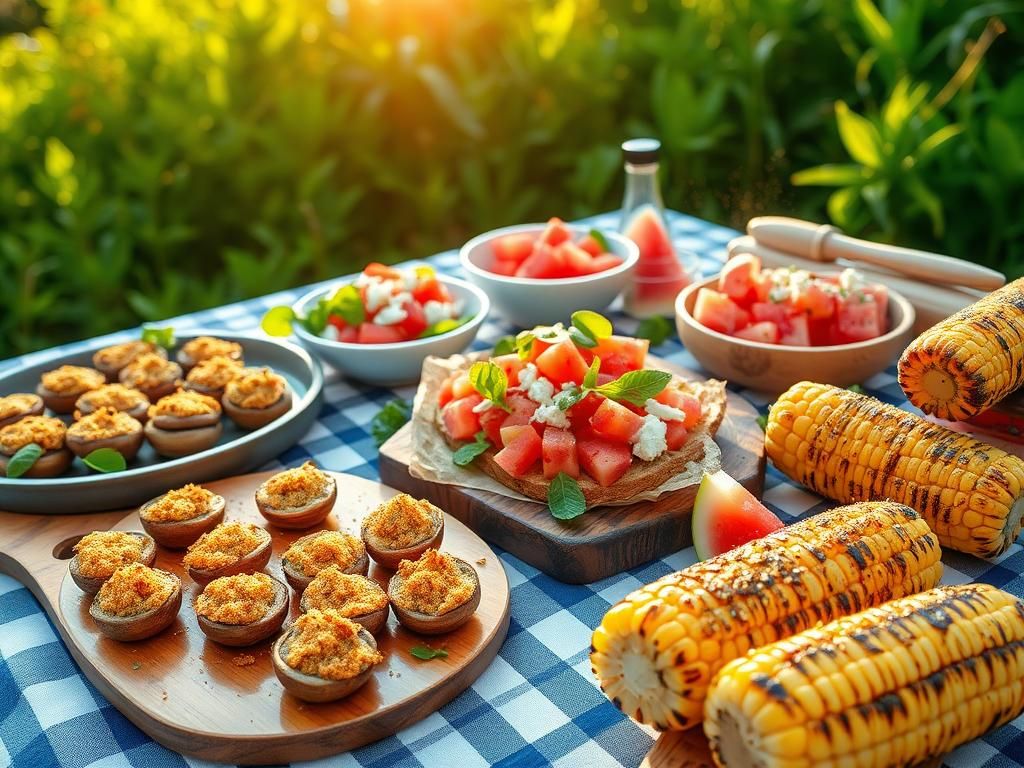Flick International Vibrant summer side dishes laid out on a picnic table for a barbecue.