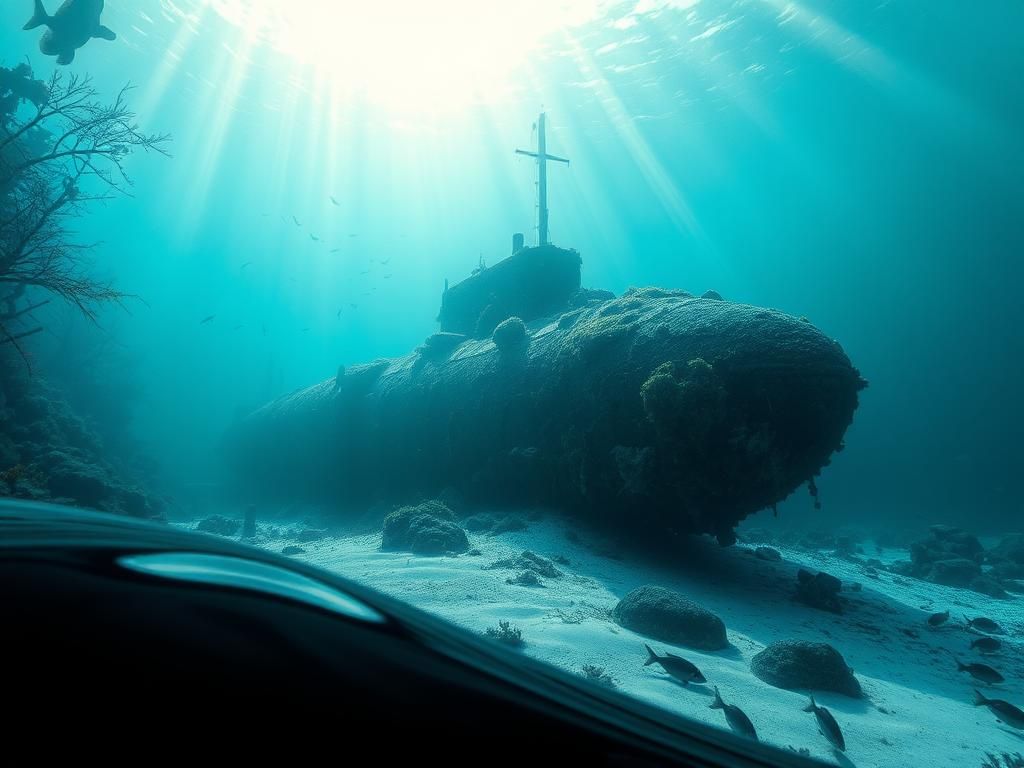 Flick International Underwater view of the USS F-1 submarine wreck resting on the ocean floor