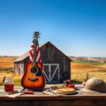Flick International A rustic wooden table with the American flag and vintage guitar, symbolizing country music and patriotic culture.