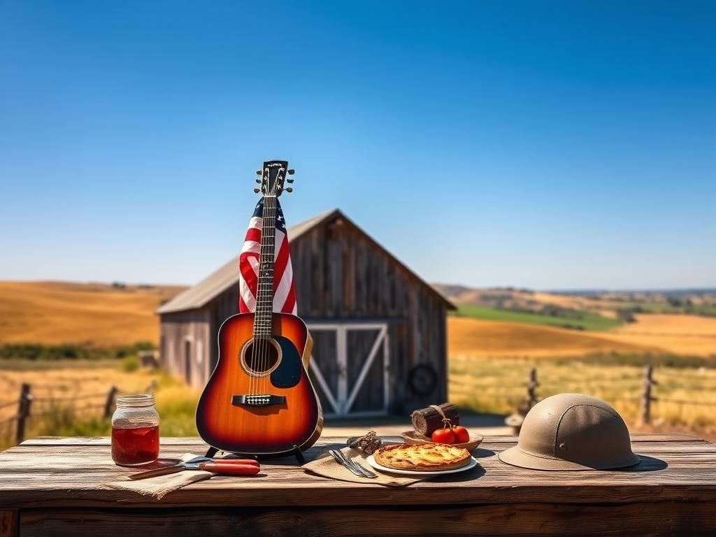 Flick International A rustic wooden table with the American flag and vintage guitar, symbolizing country music and patriotic culture.