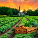 Flick International A serene farm landscape at sunset with diverse crops and a church steeple in the background