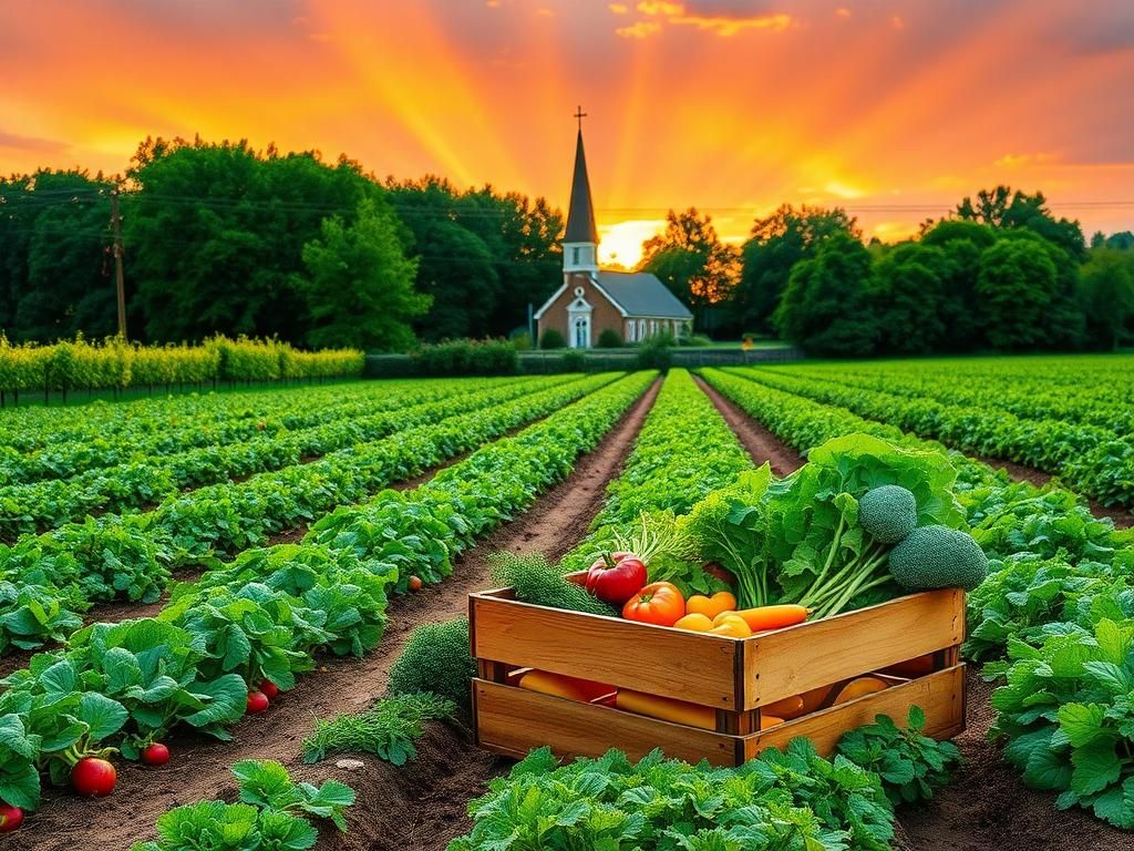 Flick International A serene farm landscape at sunset with diverse crops and a church steeple in the background