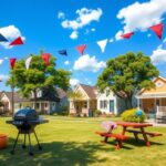 Flick International A backyard barbecue scene decorated with red, white, and blue banners on a summer holiday weekend