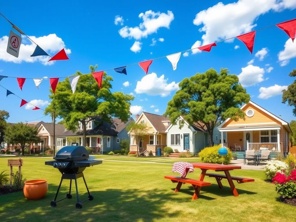 Flick International A backyard barbecue scene decorated with red, white, and blue banners on a summer holiday weekend