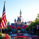 Flick International A scenic view of Disneyland featuring the iconic entrance and a large American flag