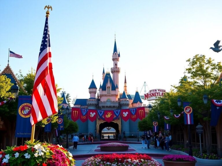 Flick International A scenic view of Disneyland featuring the iconic entrance and a large American flag