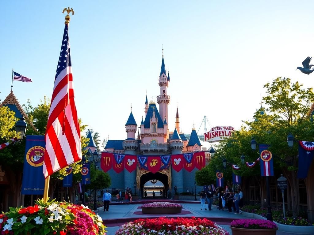Flick International A scenic view of Disneyland featuring the iconic entrance and a large American flag