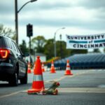 Flick International Somber scene near the University of Cincinnati with a police vehicle and memorial flowers