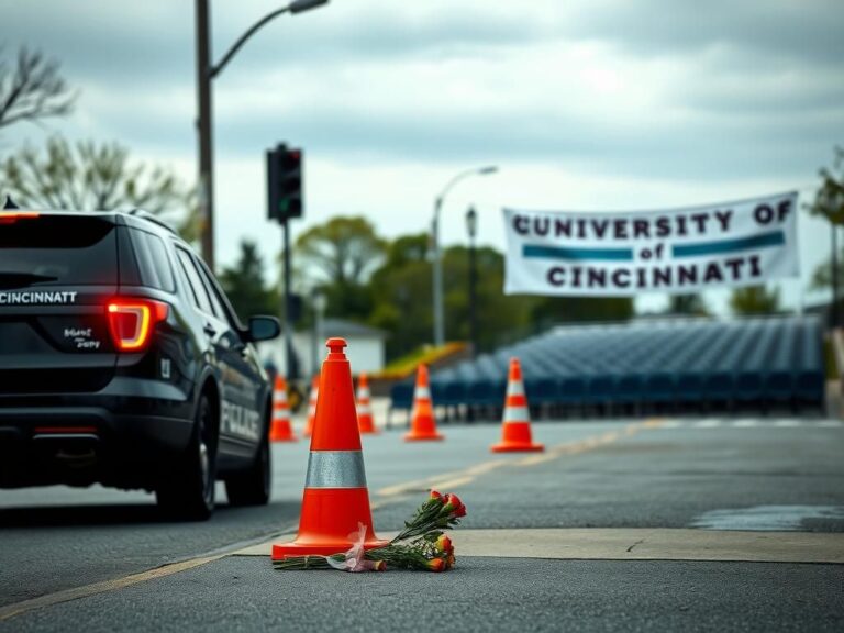 Flick International Somber scene near the University of Cincinnati with a police vehicle and memorial flowers