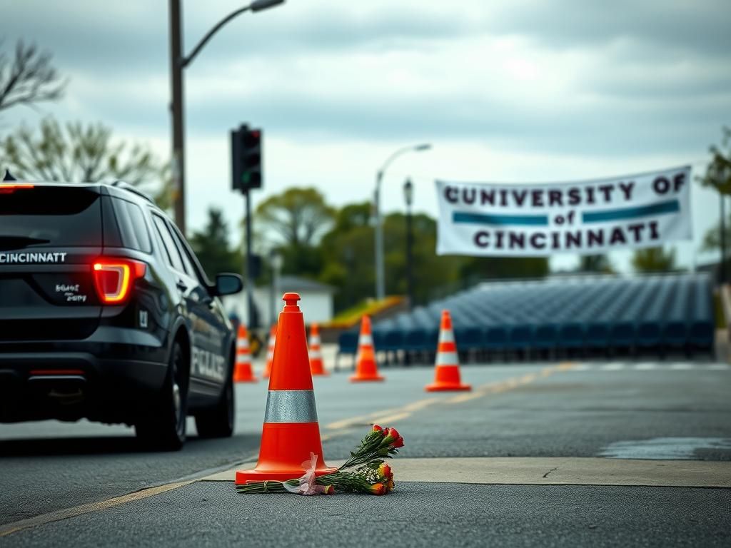 Flick International Somber scene near the University of Cincinnati with a police vehicle and memorial flowers