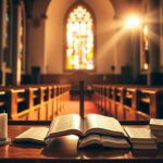 Flick International Serene church interior with stained glass windows and polished wooden pews